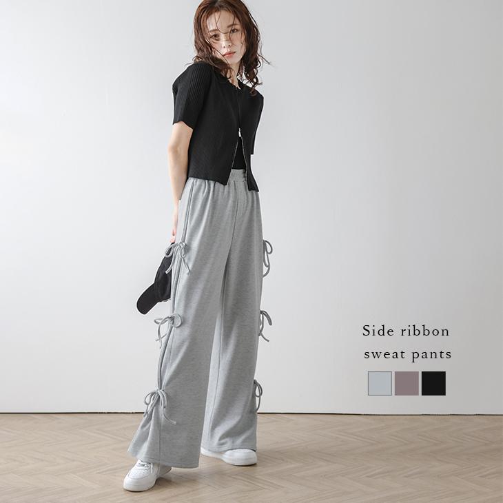 【期間限定】スウェット パンツ リボン ワイドパンツ ボトムス 大人カジュアル 【lsbtss24-284】【bo25】【即納：1-5営業日】60込