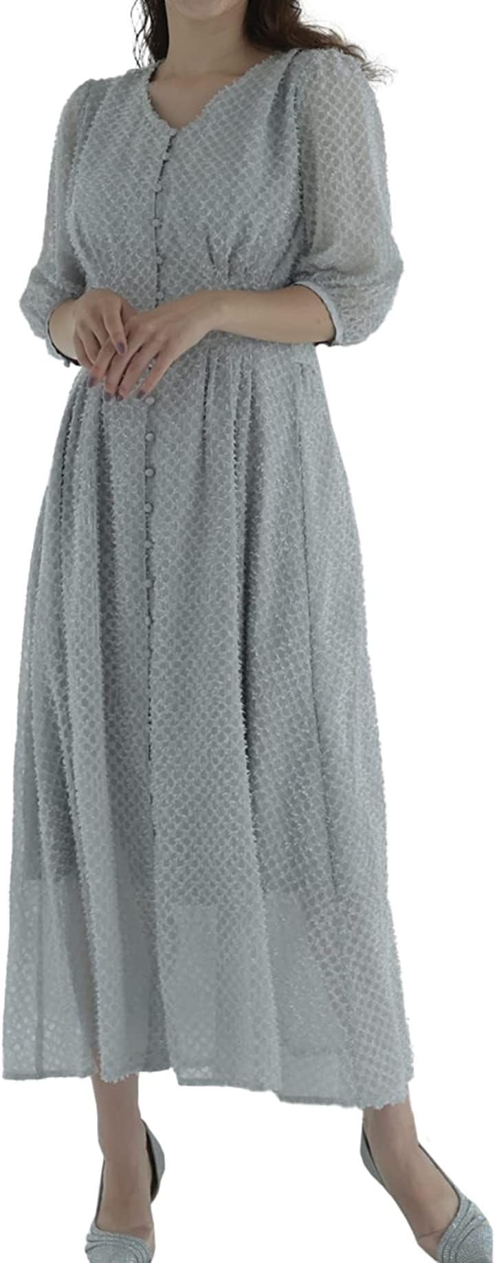 パーティ ワンピース ドレス レディース 結婚式 およばれ ソフト オーガンジー ガーリー ウエストリボン( グレー / 322177, S)