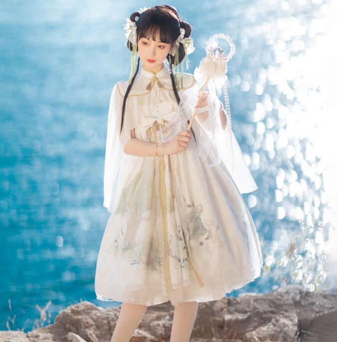 漢風 ロリータワンピース 漢元素 ロリータ服 膝丈 キャミソール lolita ドレス リボン付き 可愛い コスプレ衣装 羽織 コスプレ 学園祭 文化祭 イベント ハロウィン 発表会 コスチューム