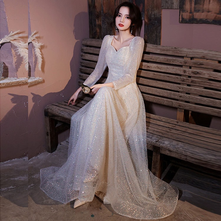 イブニングドレス ロングドレス スパンコール キラキラドレス シャンパン色 発表会ドレス キレイめ 長袖 Vネック パーティードレス 結婚式ドレス 二次会ドレス お呼ばれドレス Aライン XS S M