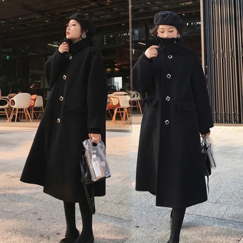 ラシャコート チェスターコート レデイース オシャレ 韓国風 きれいめ ロング丈コート 長袖 膝下 無地 aラインコート黒チェスターコート 上品 新作