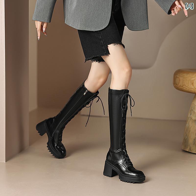 ロングブーツ レディース タイトフィット シンプル おしゃれ スタイルアップ レトロ スクエアトゥ 太い ヒール ハイヒール ブーツ 女性用 膝上 革 レースアップ ナイト ブーツ 女性用 弾性 ブー