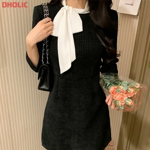 [メガ割りSALE]配色リボンネックツイード7分袖ミニワンピース