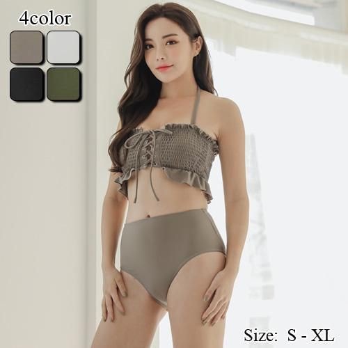 【グラシア】 水着 ハイウエスト レディース ビーチウェア スイムウェア 流行 海 プール ビキニ フロントレースアップ シャーリング レースアップ フィット感 レース ホワイト ブラック カーキ グ