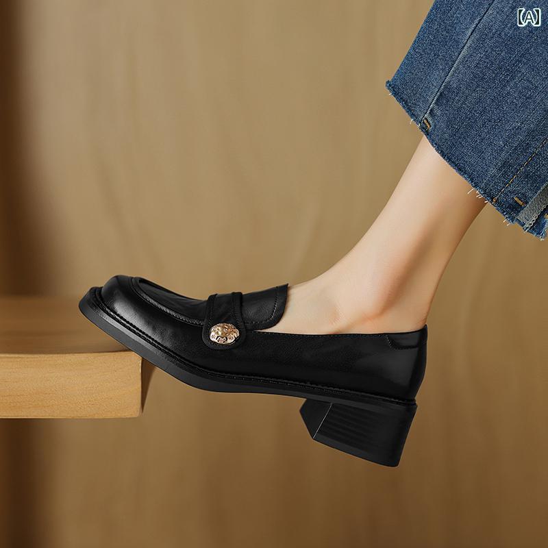 ローファー レディース オフィス 英国 レトロ 小さい 革靴 女性 春 革 ミディアム ヒール 太い ヒール 通勤 ゴールドバックル 靴