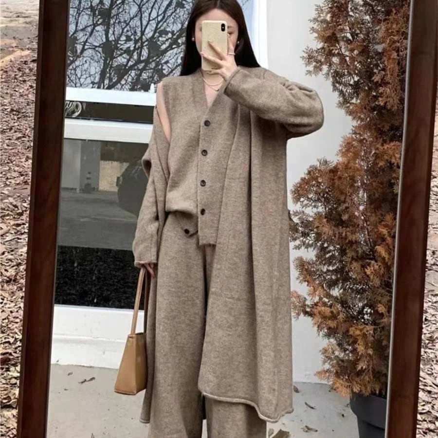 ニット3点セット女2025秋冬新作トレンチコートワイドパンツセットセットアップ