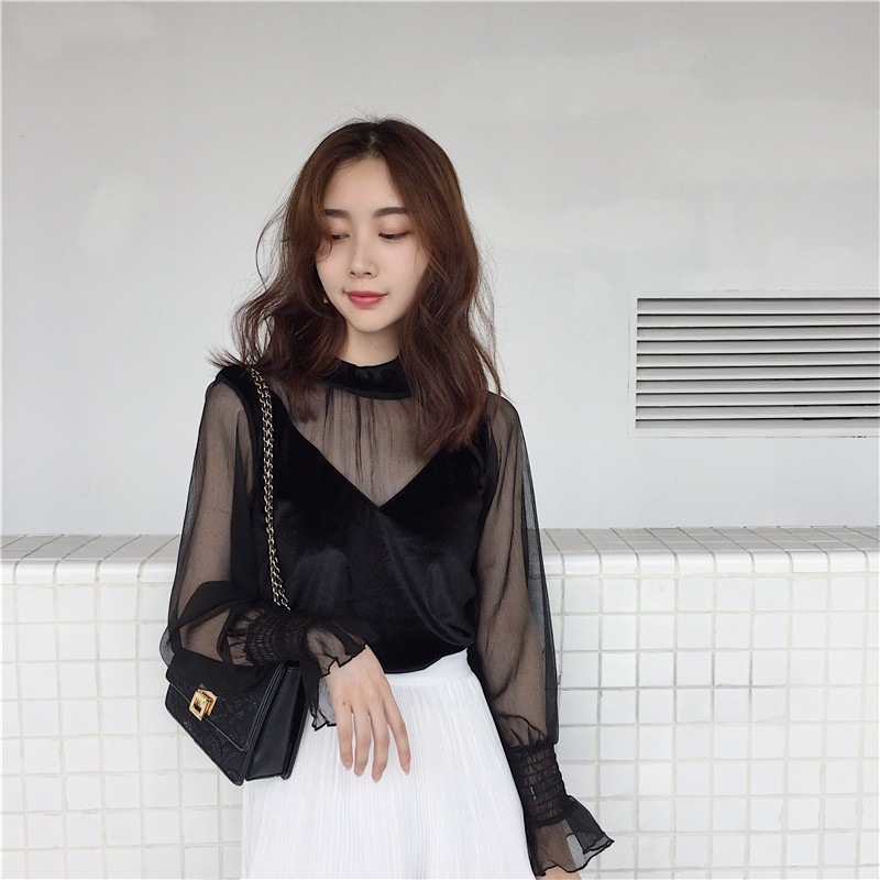 932.シースルースリーブスタンドカラーブラウス（ブラック）