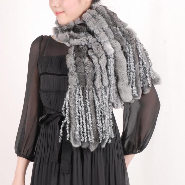 ナチュラルチンチラ＆ニット編み込みマフラーフリンジ付き