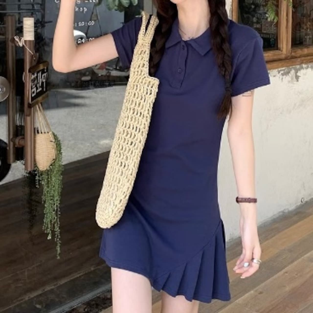 Qoo10] 春夏ワンピース ミニ丈 ポロネック 半袖