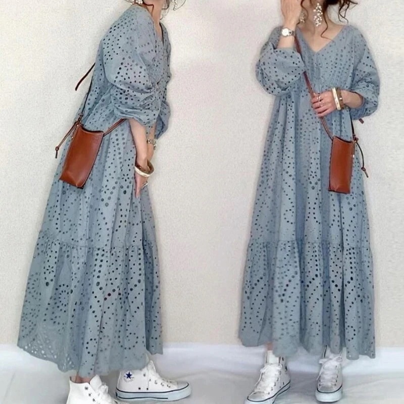 り韓国風オシャレ着痩 せワンピース パーティードレス春夏長袖ワンピースゆった 韓国ファッション シャツワンピース春夏 ドレスワンピースレディースマキシ