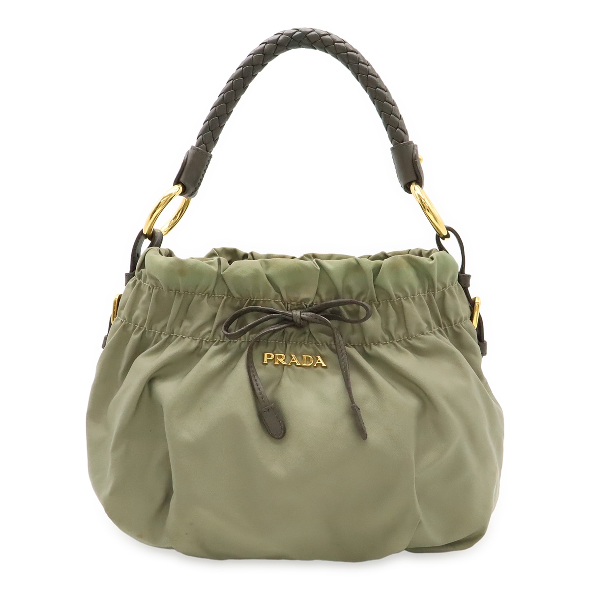 ギャザー リボン ハンドバッグ ショルダーバッグ ワンショルダー 肩掛け ナイロン レザー カーキ ブラウン ゴールド金具 BR423