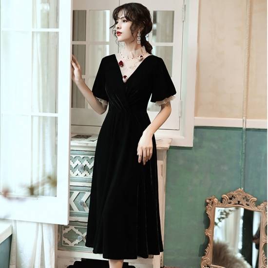 ドレス パーティードレス レディース 結婚式 パーティー お呼ばれ 二次会 演奏会 ブラックドレス パフスリーブ ハイネック ミモレ丈 レース 上品 クラシカル 20代 30代 大きいサイズ