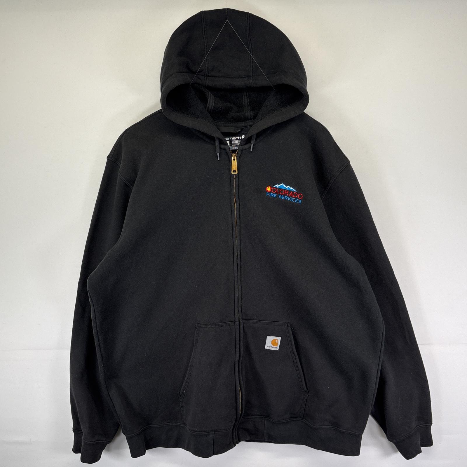 古着 パーカー フルジップ スウェット 大きいサイズ 企業ロゴ ワーク 2XL ブラック メンズ