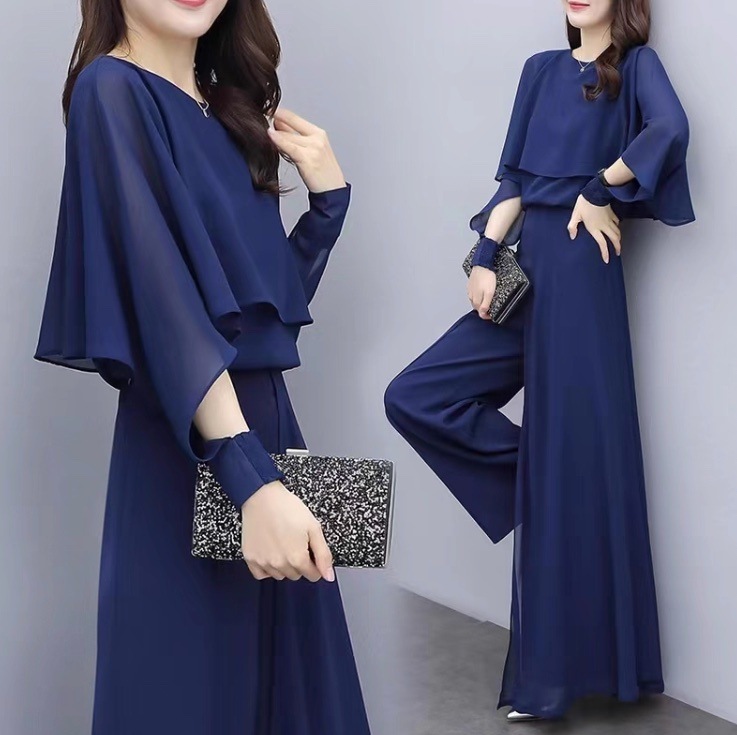 レディース トップス パンツ ボトムス セットアップ ロングパンツ 丈長 フルレングス 長袖 ケープ襟 フレア フェミニン カットオフ シフォン フリル ハイウエスト かわいい 大人可愛い 上品