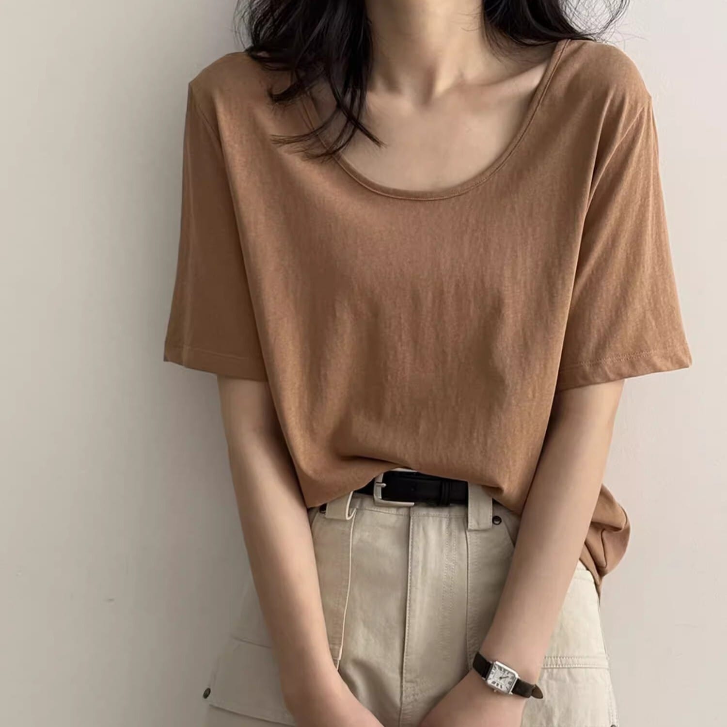 レディース トップス シャツ プルオーバー Ｔシャツ 半袖 Uネック ルーズフィット 綿 コットン シンプル カジュアル おしゃれ かっこいい こなれ感 ラフ ルーズ 存在感 抜け感 ベーシック