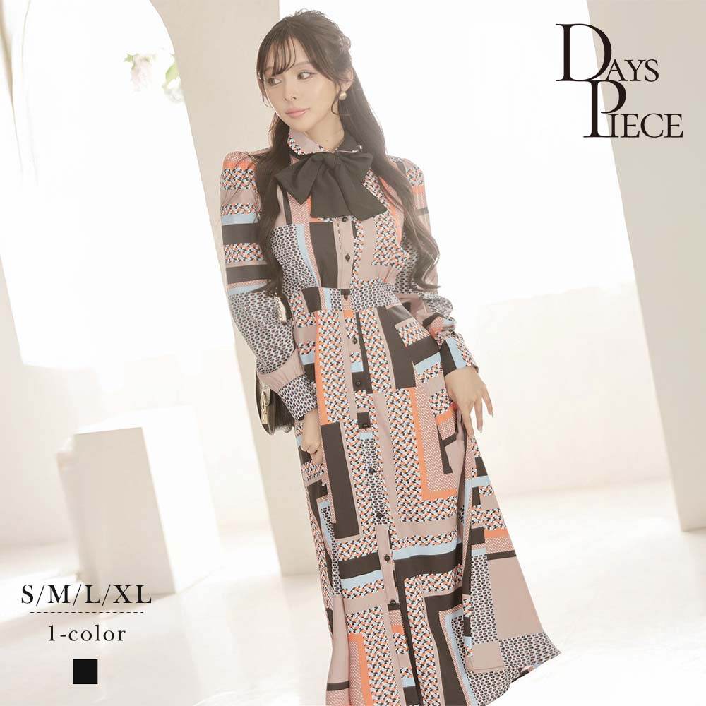 ワンピース キャバドレス ワンピース ロング 長袖 ジオメトリック ボウタイ レトロ キャバ ラウンジ 高見え 体型カバー DaysPiece