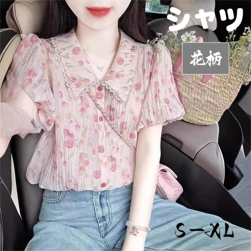 ブラウス 花柄 シャツ レース 半袖 ボリューム袖 リネン風 前開き 折り襟 襟付き フラワー プリント 紋様感 大きいサイズ 大人可愛い 上品 清楚 レディース トップス オフィス カジュアル レト