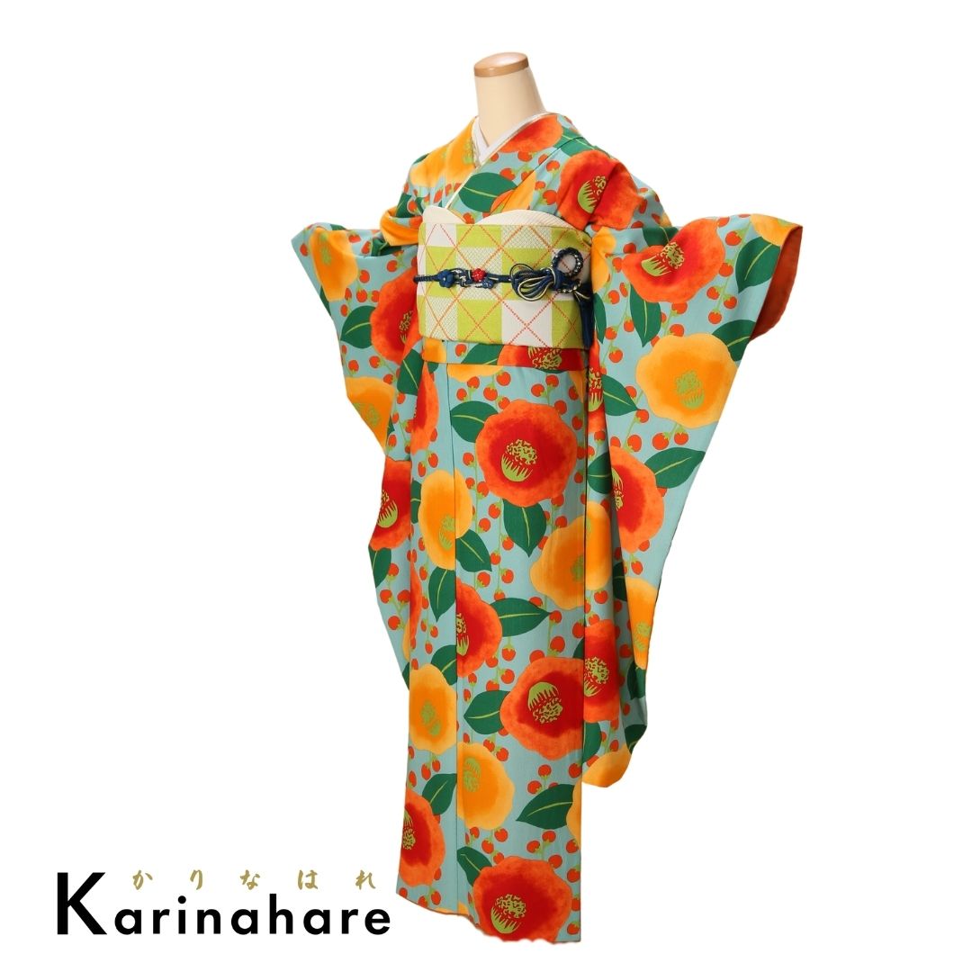 振袖セットF395-105 水色地にオレンジと黄色の椿が大胆に描かれた振袖