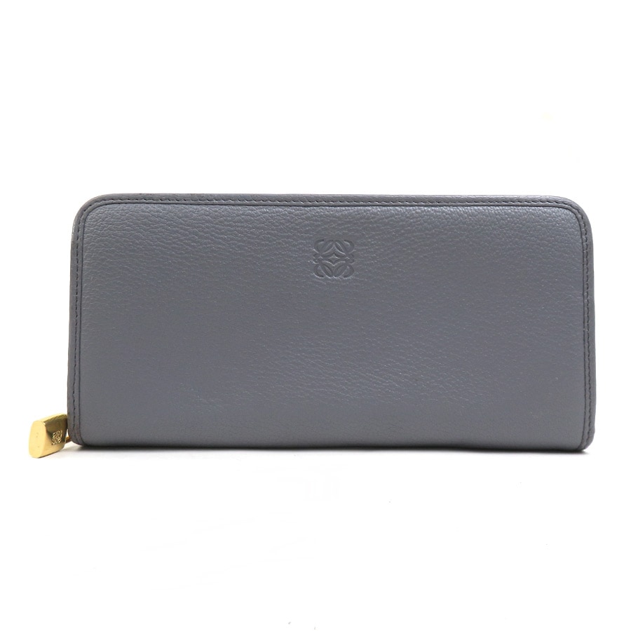 ロエベ LOEWE ラウンドファスナー長財布 アナグラム レザー グレー ゴールド レディース e60722a