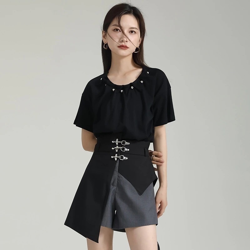 おしゃれ カジュアル 不规则 ハイウエスト 五分パンツ 気質 ワイドパンツ 切り替え 短パン ハーフパンツ 脚見せショートパンツ スキニーパンツ