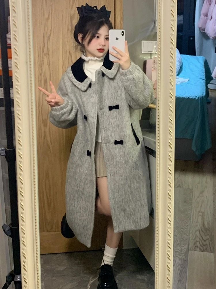 福袋2025大人気 灰色の毛はコートの女性の中で長いタイプの秋冬の新型の韓系の気質の高級感の毛のコートです