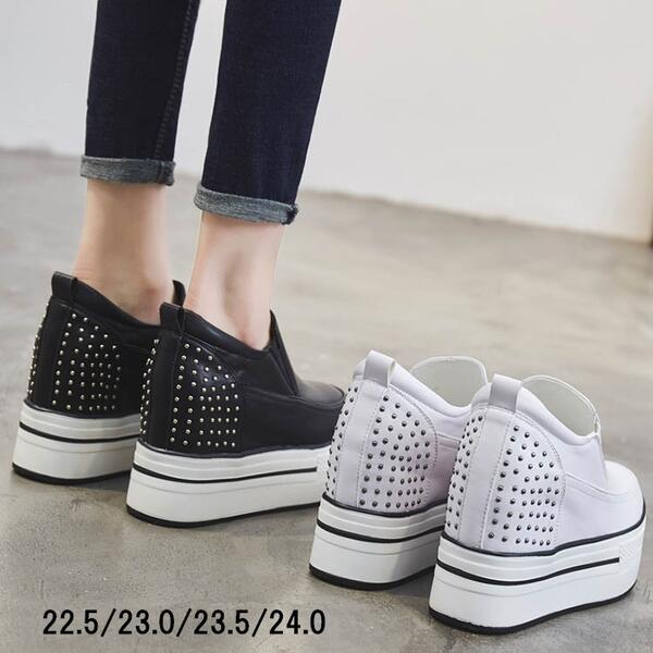厚底スニーカー レディース 白 黒 インヒール スニーカー おしゃれ 韓国 リベット付き シューズ 春 夏 履きやすい ぺたんこ スニーカー 美脚 疲れにくい カジュアル ホワイト ブラック22/22