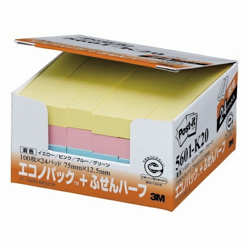 （まとめ買い）ポストイット エコノパック リサイクル紙ふせん ハーフ 75x12.5mm 100枚x24パッド（4色混色） 5601-K20 [x3]