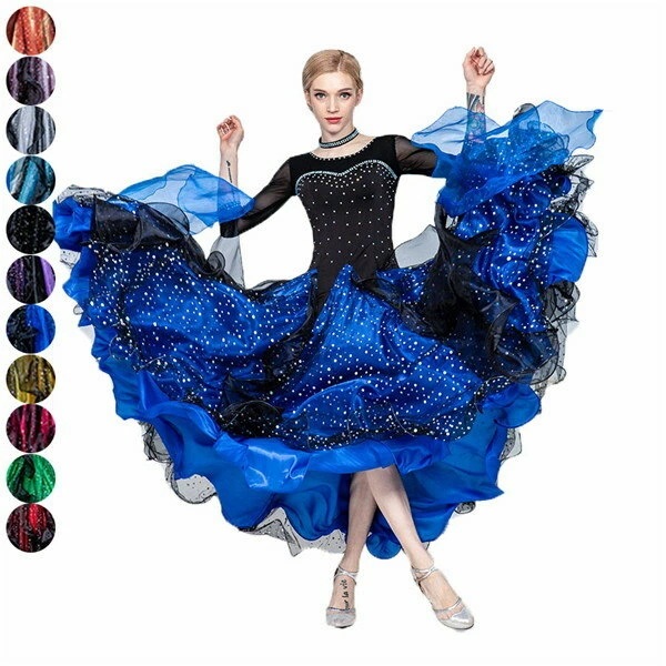 11カラー 社交ダンス モダンドレス 社交ダンス衣装 大きいサイズ 大きい裾 社交ダンス ドレス スタンダードドレス ワルツダンス ダンス衣装 競技会用 デモ用 パーティー用 練習着 演出用 赤 黄