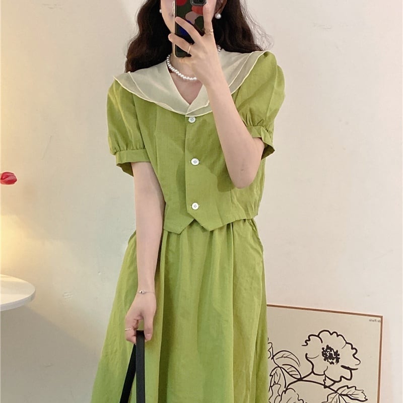 2color レディース ツーピース セットアップ ブラウス ミモレ丈スカート ビッグカラー