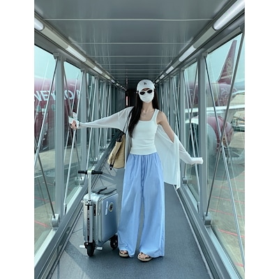 ストライプのワイドパンツの女性の夏の薄い怠惰な高いウエストゆったりとしたスラックスのズボンモップのズボンです