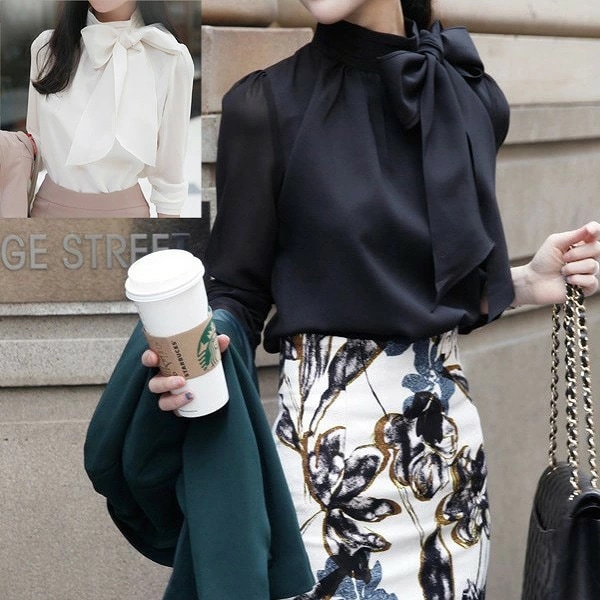 人気急上昇サテンリボンブラウス　ブラック　長袖　スタンドカラー　パーティー　セレモニー　大きいサイズ有り　小さいサイズ有り　XSからXXL【クリックポストで】