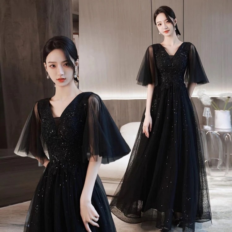 ウェディングドレス花嫁結婚式袖あり 黒お呼ばれドレス 小さいサイズ パーティードレス大きいサイズ演奏会用ロングドレス 司会者 発表会ドレスブライズメイド服