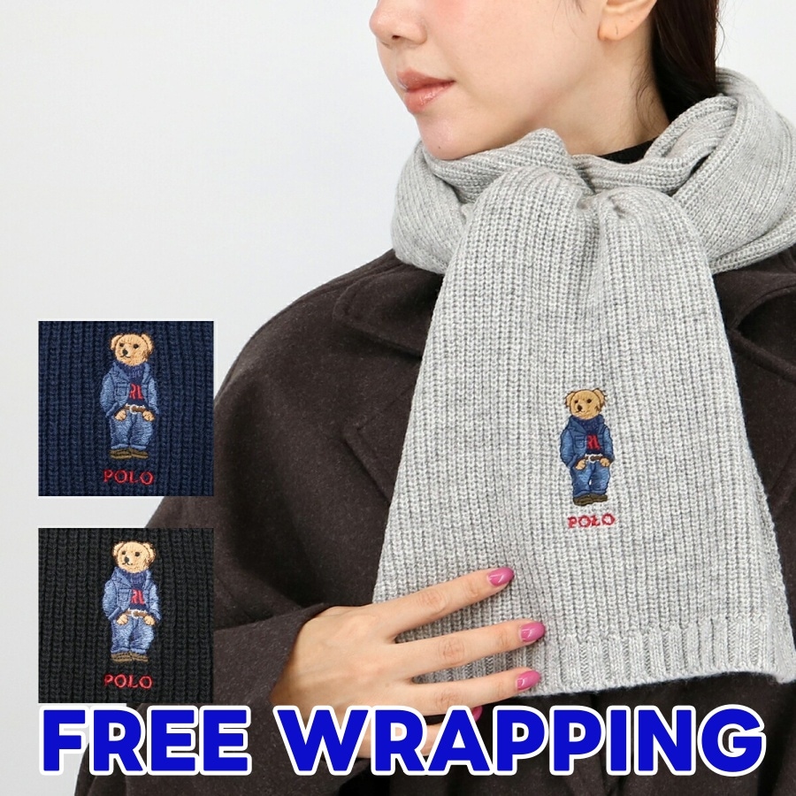 リブ編みマフラー PC1269 ポロベアー ロゴ刺繍 ニット 男女兼用 メンズ レディース 通勤 通学 ウール プレゼント ギフト ブランド