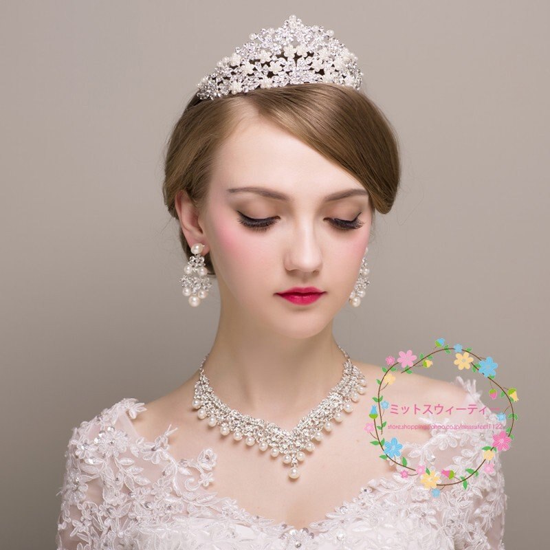 ウエディング ティアラ クラウン ネックレス ピアス/イヤリング セット 結婚式 髪飾り 花嫁 パー