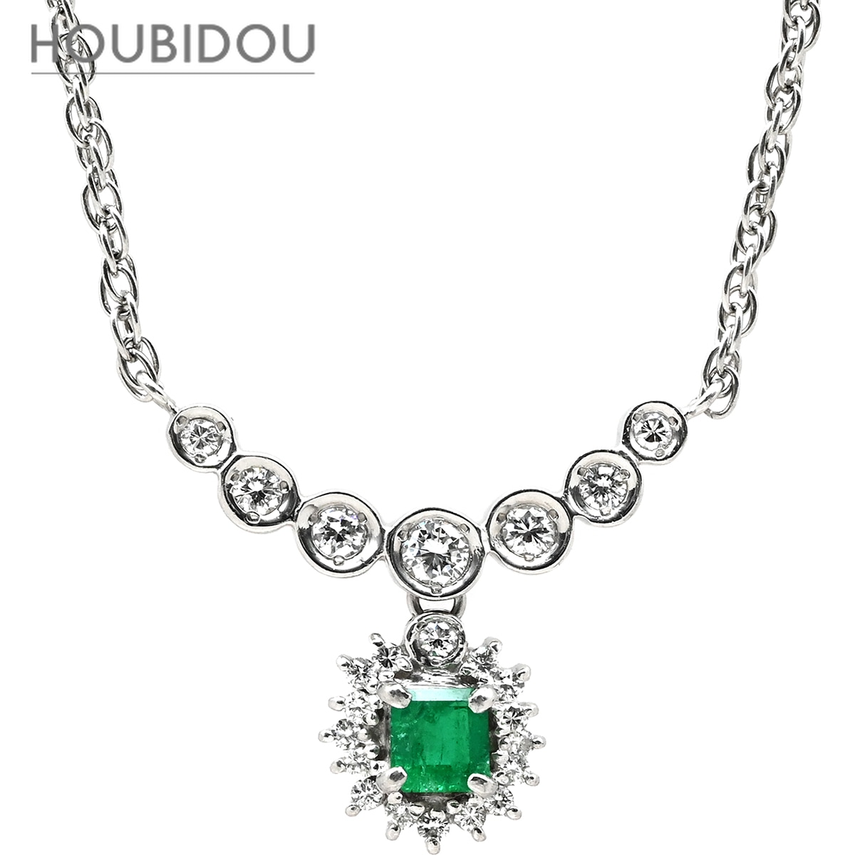 ネックレス プラチナシルバー Pt900×Pt850 コンビ ダイヤ 0.32ct エメラルド プラチナム ペンダント 【中古】