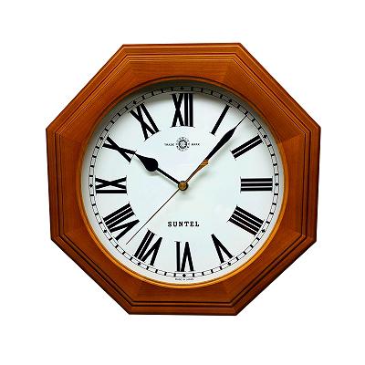 さんてる日本製天然木シンプル8角電波掛け時計ブラウン(ローマ文字)SR15BR-R