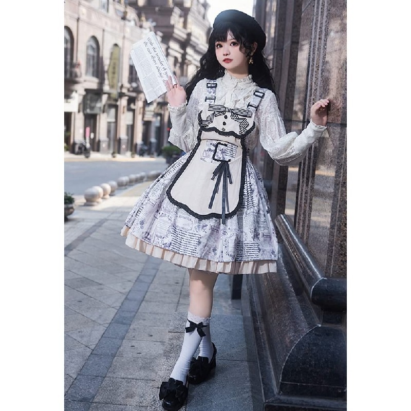 ジャンパースカート 女の子 レディース ワンピース ロリータ風 リボン付き doll感 落書き おしゃれ 蝶結び メイド服 レース 森ガール お姫様 地雷系 フリル イベント ハロウィン レトロ クラ