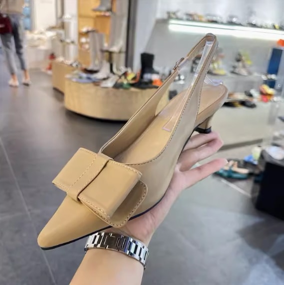 バックストラップ スリングバック オープンバック バックバンド レディース リボンパンプス 靴 シューズ ミドルヒール 5cmヒール キトンヒール ポインテッドトゥ バックベルト 異素材切り替え