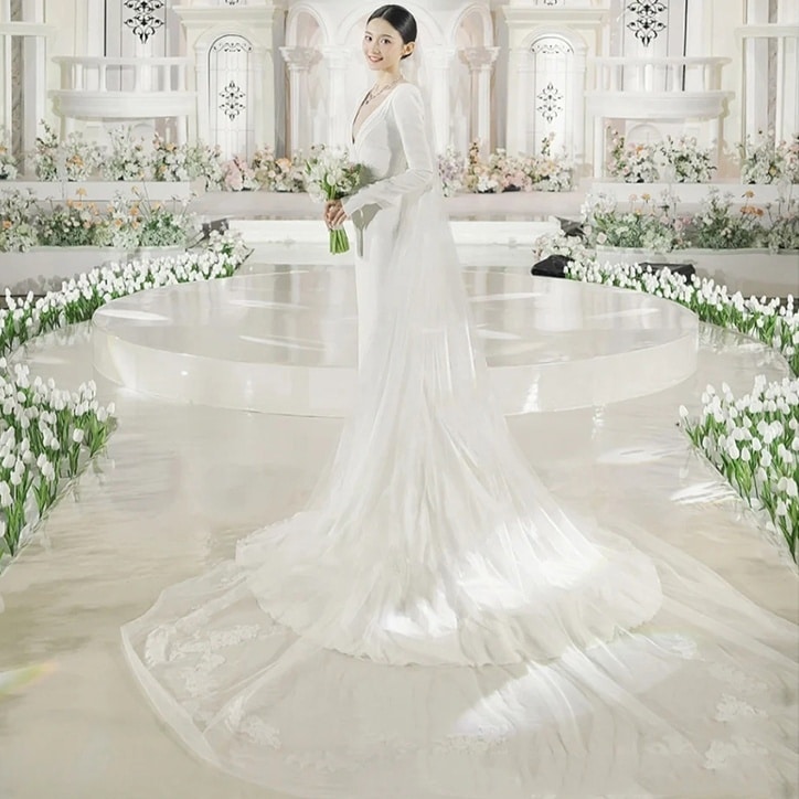 ドレス 衣装 ウエディングドレス イブニングドレス ロングドレス 長袖 深Vネック タイトドレス フィッシュテール シースルー 刺繡 ステージドレス 発表会 かわいい 大人可愛い きれいめ シンプル