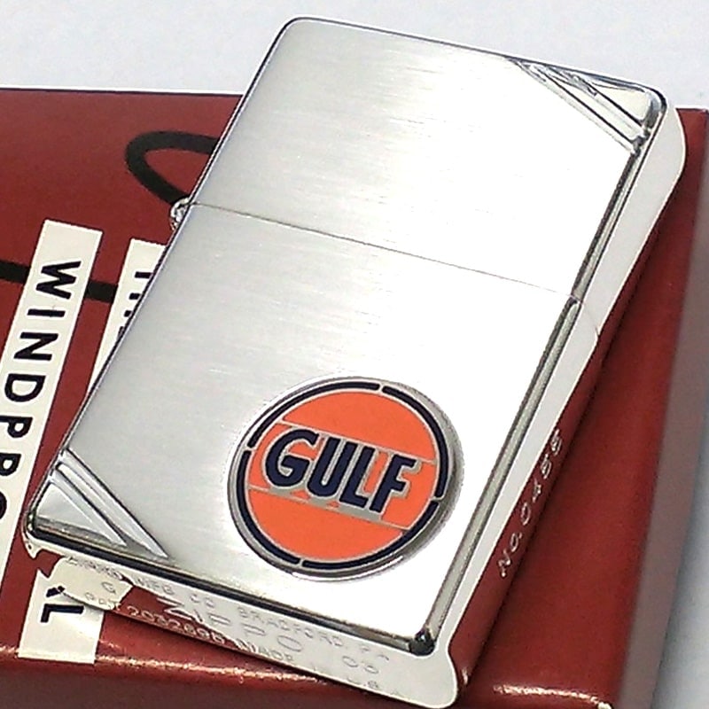 ZIPPO ライター GULF 1937レプリカ フラットトップ レア ジッポ シルバー 10ミクロン 2003年製 シリアルナンバー入り ガルフ かっこいい 絶版 企業ロゴ ビンテージ 廃盤 珍しい