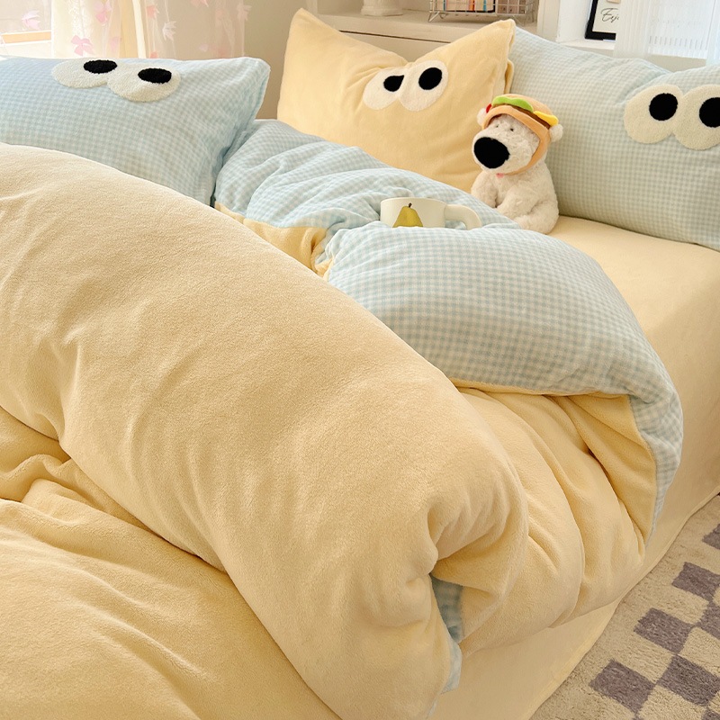 新クリーム系ミルクベルベット4点冬用増厚コーラルベルベットベッドシーツと掛け布団カバー学生寮3点セット