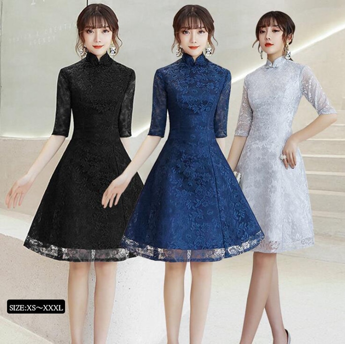 送料無料 パーティードレス ミモレ丈 結婚式ドレス 総レース 結婚式 ワンピース チャイナドレス パーティドレス お呼ばれドレス 袖あり 袖 ニ次会 フォーマル リボン セレブ 二次会 パーティ 2次