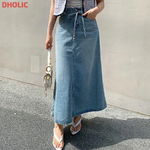 ストラップ付デニムロングデニムスカート