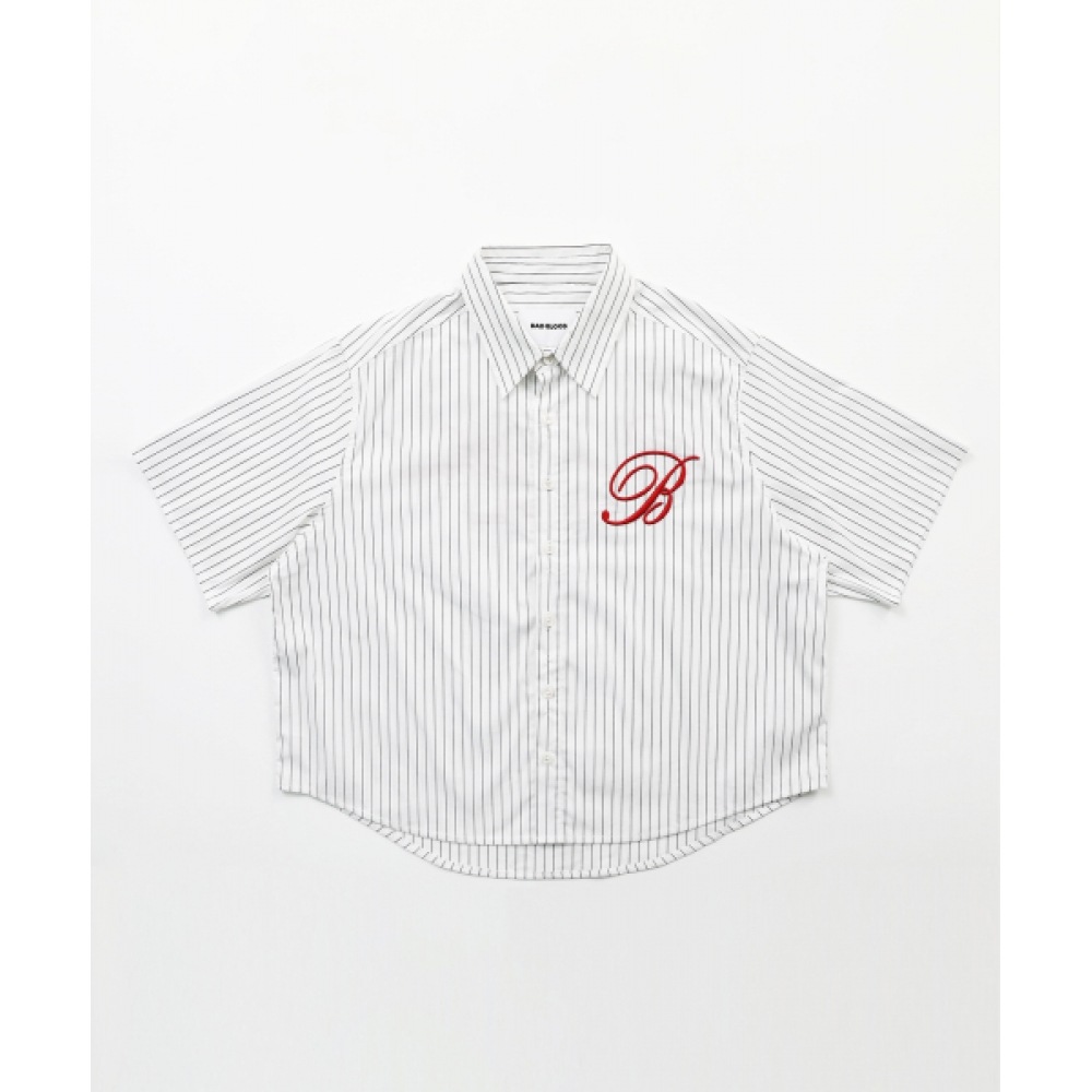 BADBLOOD クラシックロゴ半袖シャツ-ホワイト/ストライプ
