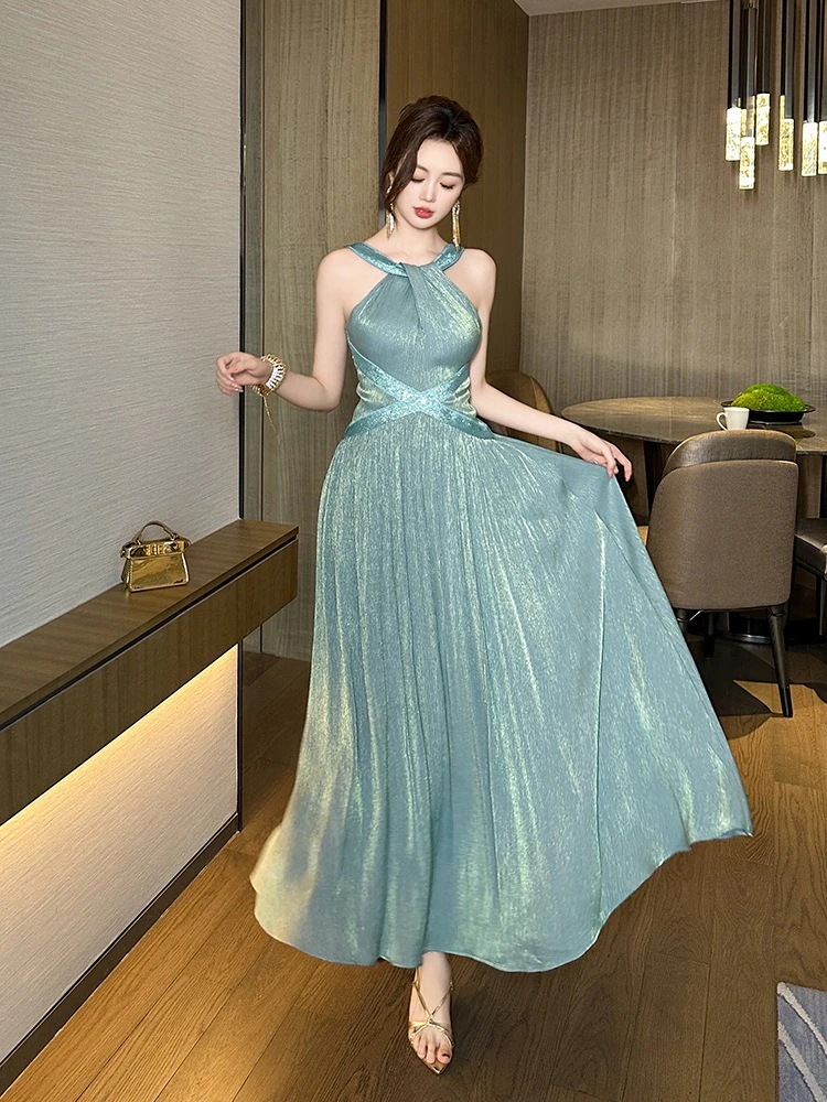 二次会 ウェディング 演奏会 結婚式 卒業式 披露宴 同窓会 大人 キャバ パーティー ドレス ロング 大きい裾 ホルダーネック サテンシルク 2024夏新品