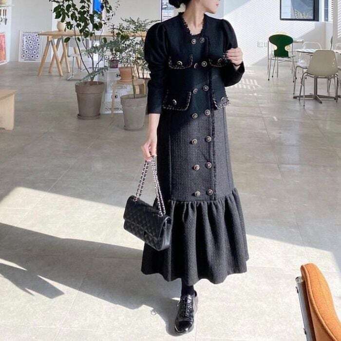 ツイード ワンピース フリルヘム フリンジ 長袖 マーメード ロングワンピース フレアワンピース大人可愛い ママコーデ ママファッション 韓国系 オルチャン 人気 トレンド 新作 20代