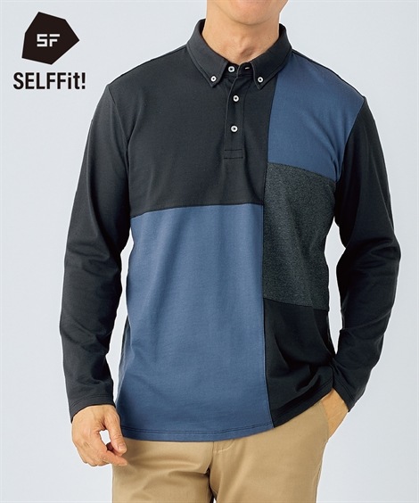 ポロシャツ 綿１００％切替ボタンダウン長袖ポロシャツ お腹ゆったり 消臭テープ付