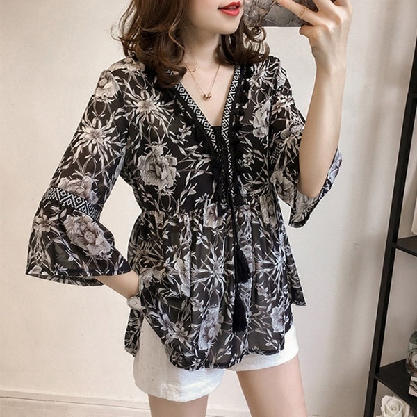 春先取り 今っぽシアーシャツ ブラウス リネン素材トップス 夏 ゆったり Vネック大きいサイズ フレアスリーブ シフォン Tシャツ長袖ブラウスブラウス