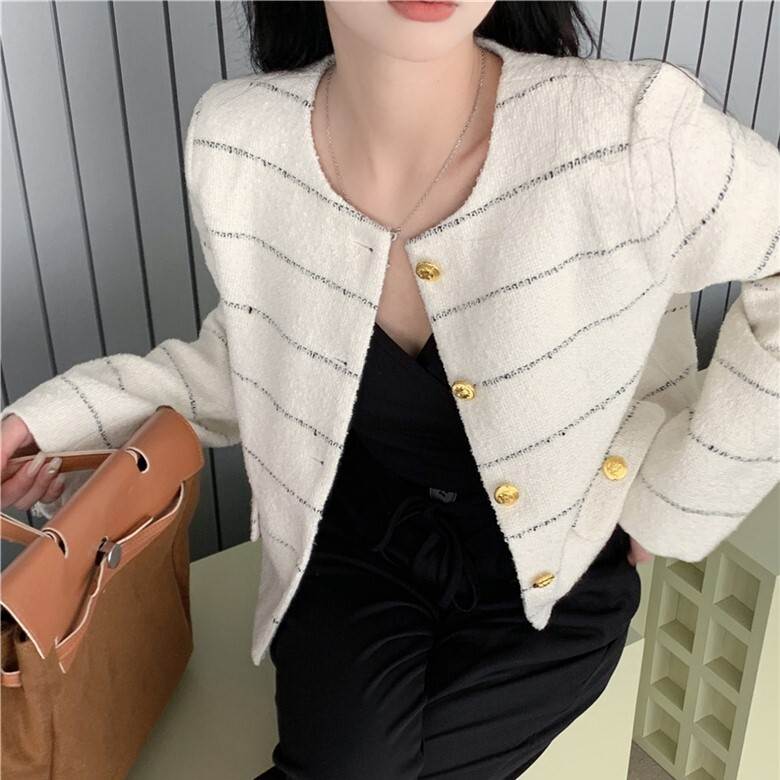 アウター ジャケット レディース ツイード コート 長袖 ラウンドネック ボーダー 大人可愛い きれいめ シンプル 大人女子 20代 30代 通学 おしゃれ かっこいい 女子 旅行 着回し 普段使い