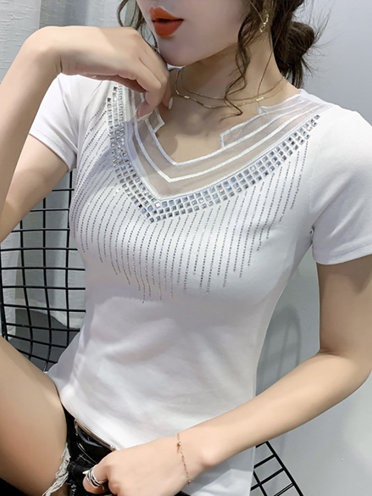 半袖tシャツレディース夏パーマセーター半袖トップス トップス Tシャツ 白トップス ミディアム丈 半袖 Vネック タイト レース 透け感 シースルー 大人可愛い きれいめ カジュアル 大人 おしゃれ